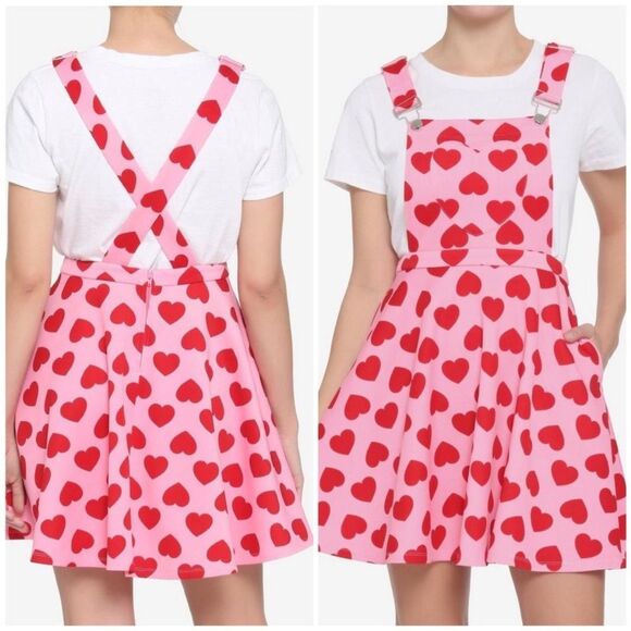 HOT TOPIC | Pink & Red Heart Print Overall Dress Skirtall Women’s Size Small - Picture 1 of 11